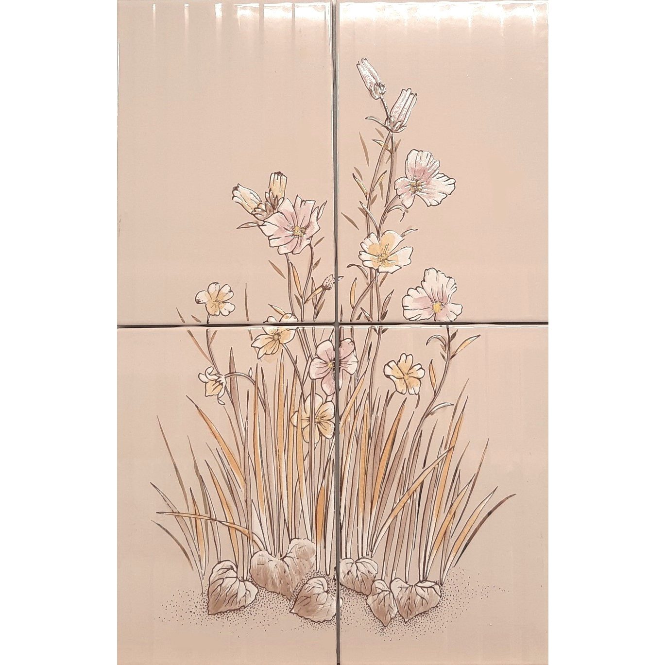 Vintage -kuva, beige kukka (4 Laatan kokonaisuus)